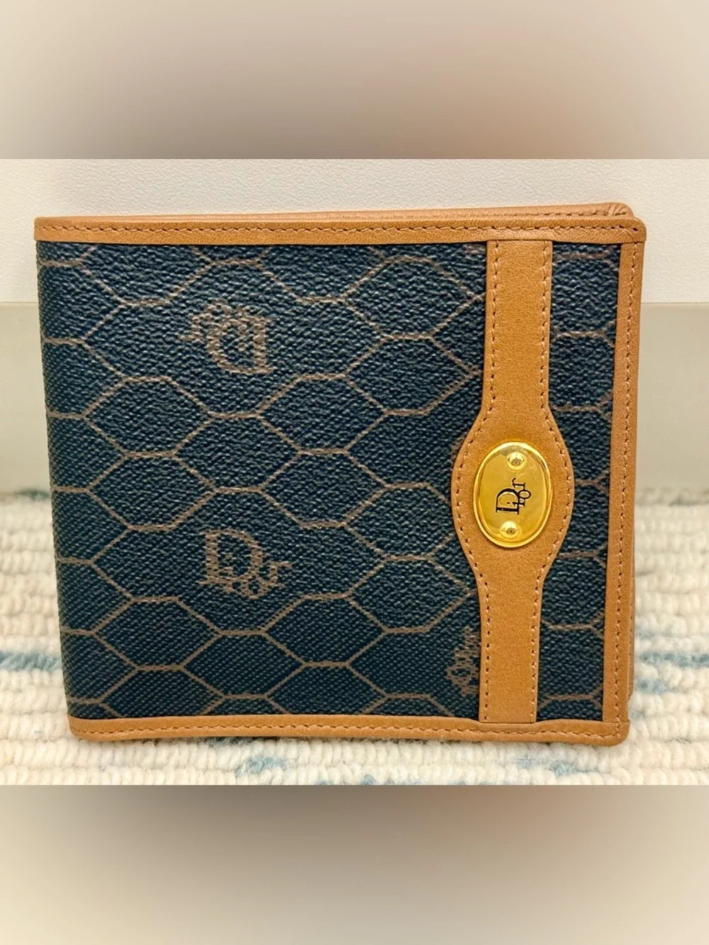DIOR Vintage Unisex Icon Brown Honeycomb Monogram Canvas Leather Bifold Wallet